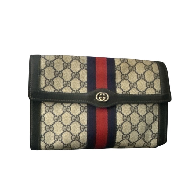 GUCCI GG Navy +Red Clutch Bag Sherry Line w Free Organizer Strap Converter - Picture 2 of 11